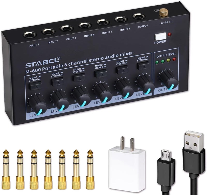 STABCL Mini 6-Channel Audio Mixer with 7 pcs 6.35mm to 3.5mm Adapter Jack, Stereo Line Mixer for Sub-Mixing, Multi-Input (Mic/Guitar/Keyboard/Bass), Powered by 5V DC - Image 1